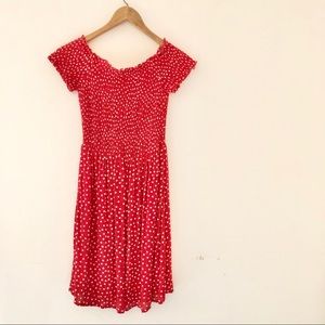 H&M Smocked Off the Shoulder Red Polkadot Dress